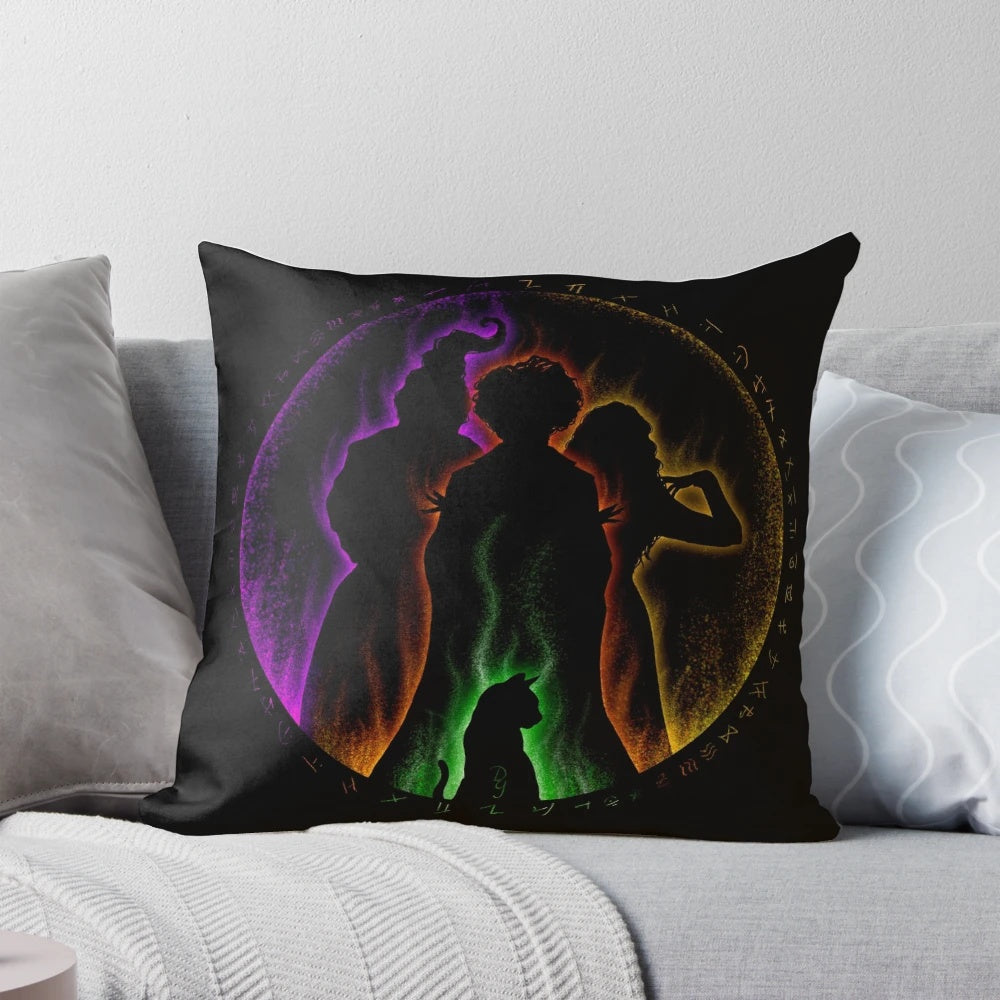 Hocus Pocus Sanderson Sisters and Binx decorative pillow with vibrant colors and magical design