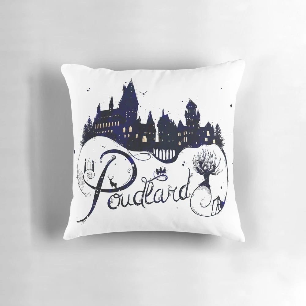 Whimsical Hogwarts Castle themed decorative pillow with a cozy, fantasy design