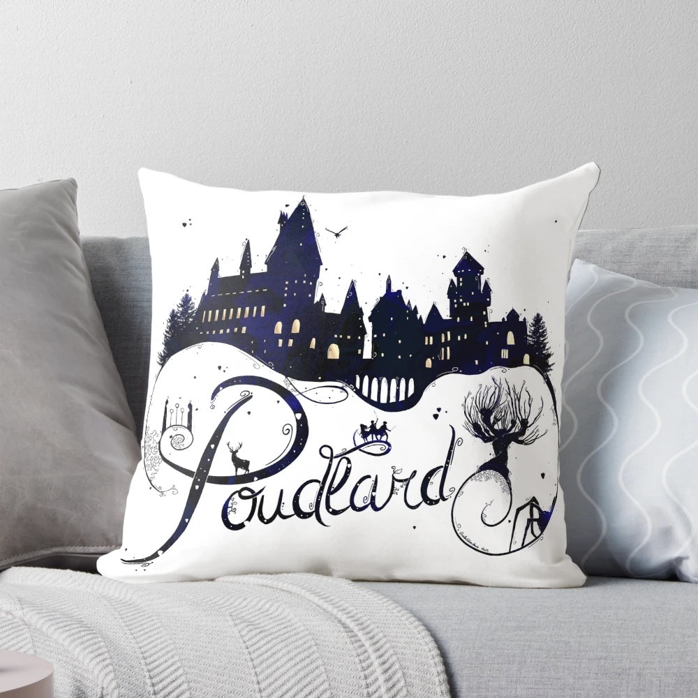 Whimsical Hogwarts Castle themed decorative pillow with a cozy, fantasy design