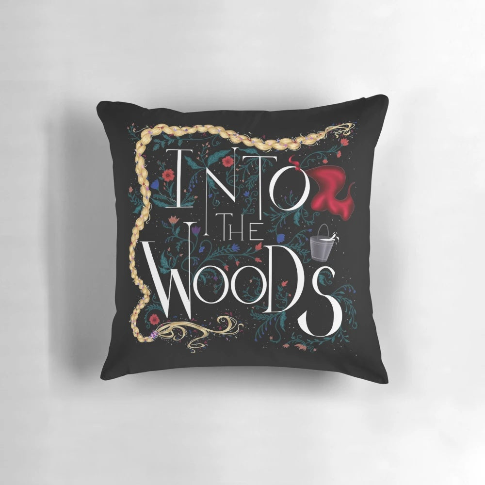 Plush "Into the Woods" themed throw pillow with Broadway musical and fairy tale inspired design