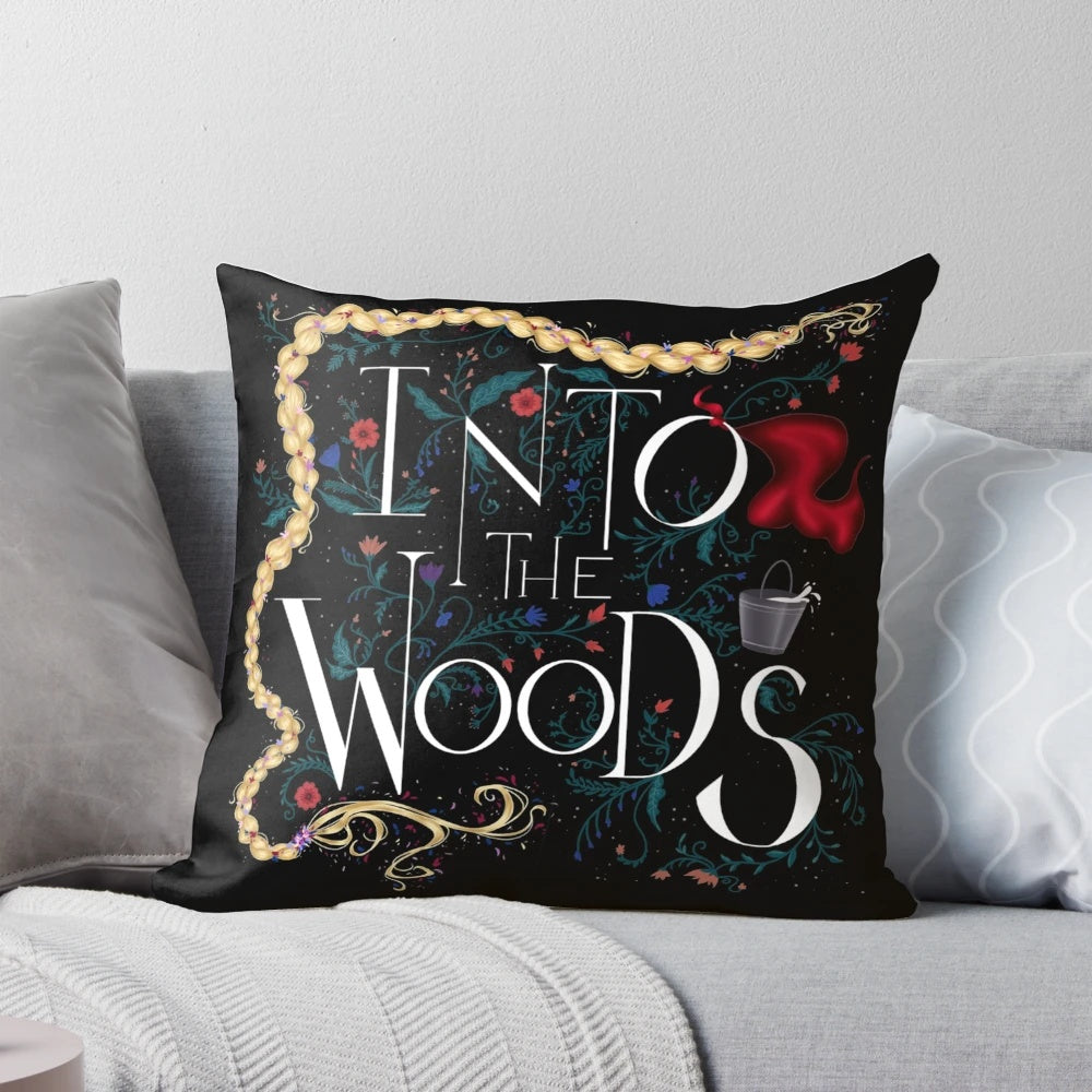Plush "Into the Woods" themed throw pillow with Broadway musical and fairy tale inspired design