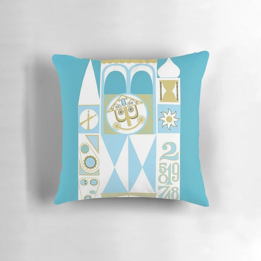 It's a Small World" themed decorative pillow with enchanting design