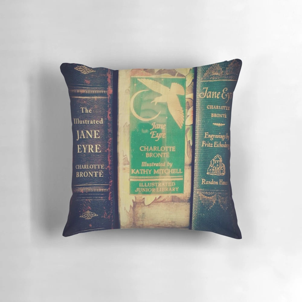 Cozy Jane Eyre themed library pillow featuring the iconic gothic literature of Charlotte Bronte
