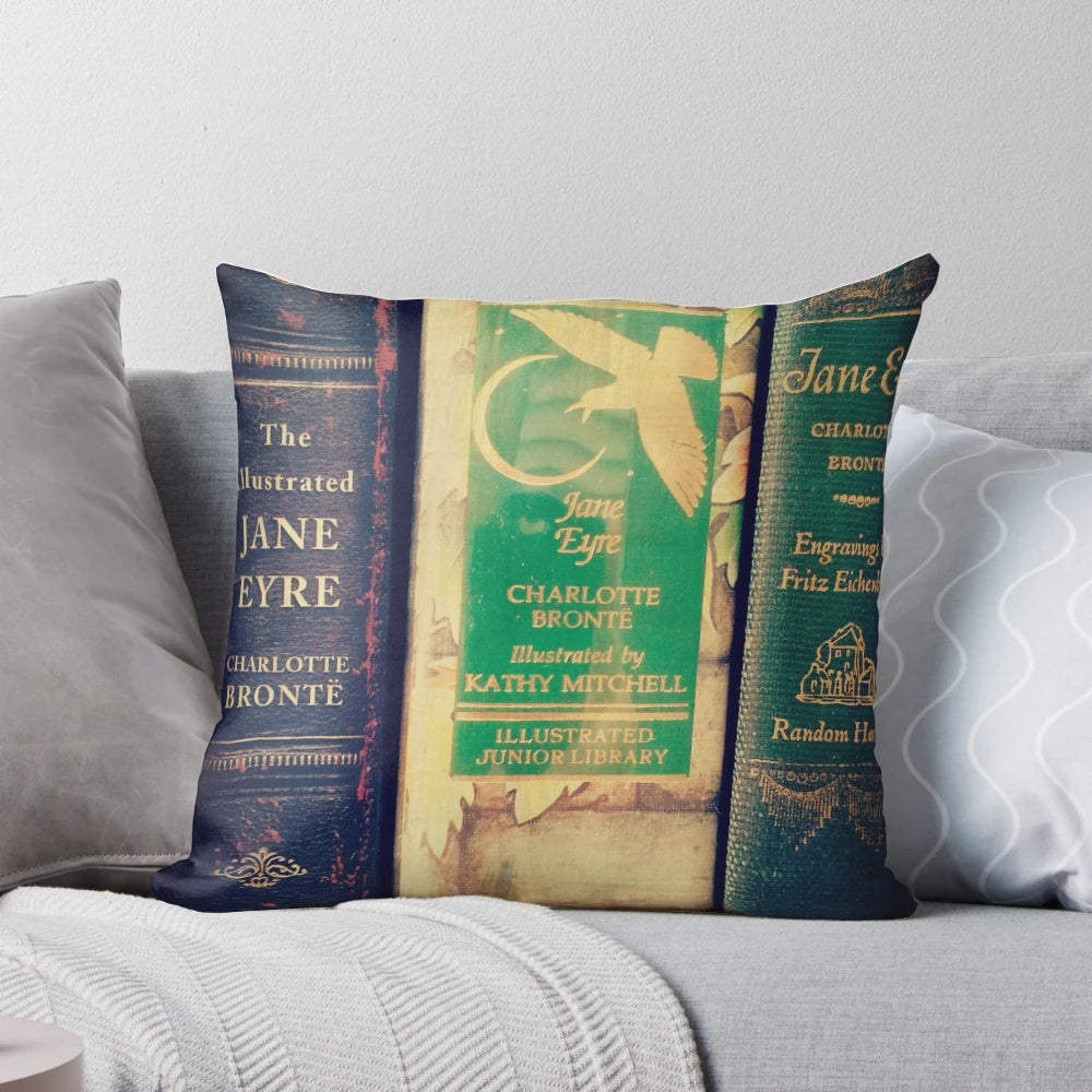 Cozy Jane Eyre themed library pillow featuring the iconic gothic literature of Charlotte Bronte