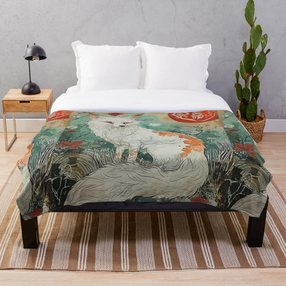 Adorable Japanese kitsune fox spirit plush blanket