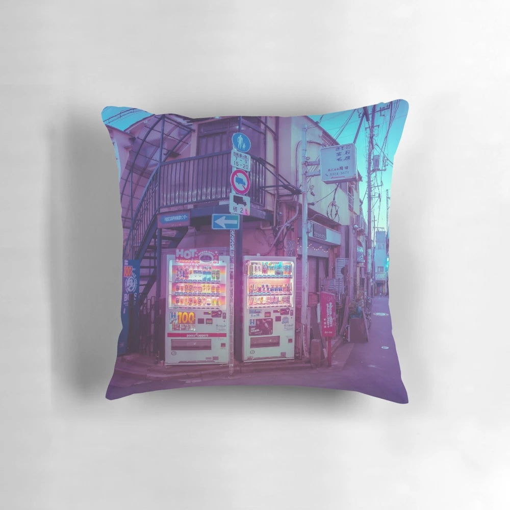 A cozy pillow featuring a serene Japanese vending machine scene at dawn in the Tokyo streets.