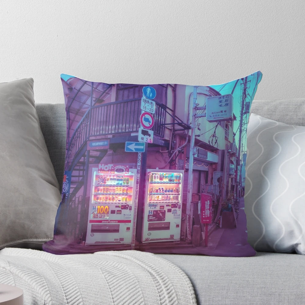 A cozy pillow featuring a serene Japanese vending machine scene at dawn in the Tokyo streets.