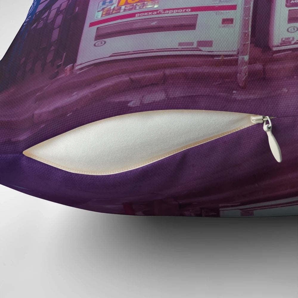 A cozy pillow featuring a serene Japanese vending machine scene at dawn in the Tokyo streets.