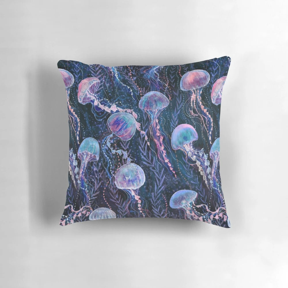Soft, plush jellyfish pillow with intricate underwater design
