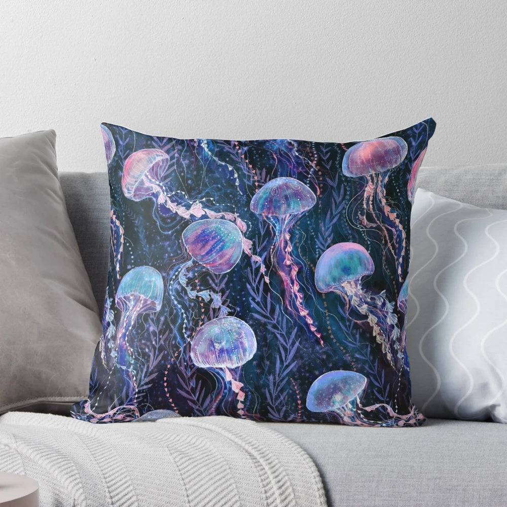 Soft, plush jellyfish pillow with intricate underwater design