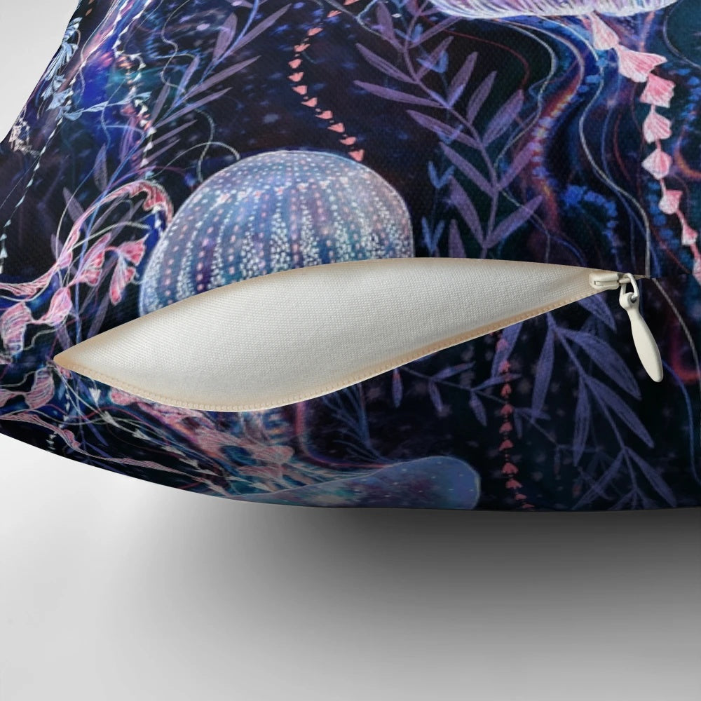 Soft, plush jellyfish pillow with intricate underwater design