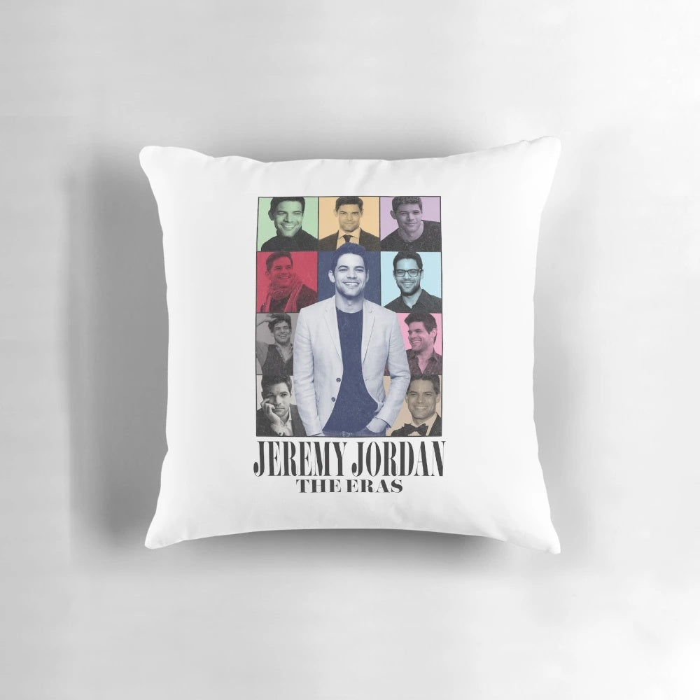 Cozy pillow featuring actor Jeremy Jordan in various character roles