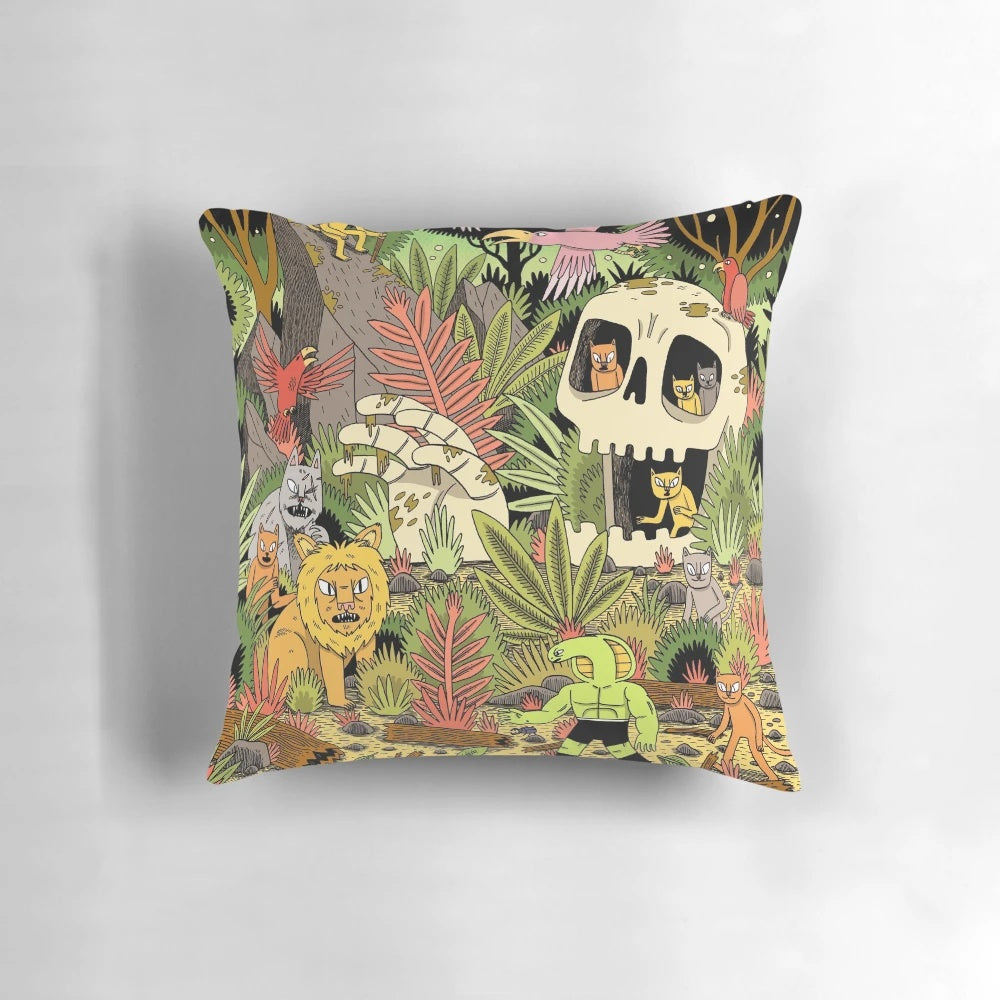 Vibrant jungle-inspired pillow with lush foliage, wildlife, and a touch of whimsy