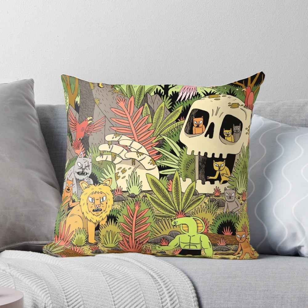 Vibrant jungle-inspired pillow with lush foliage, wildlife, and a touch of whimsy