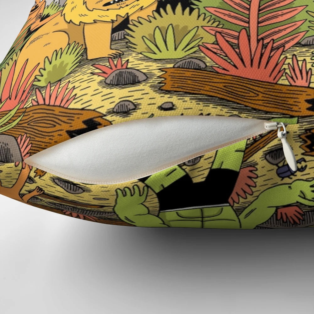 Vibrant jungle-inspired pillow with lush foliage, wildlife, and a touch of whimsy