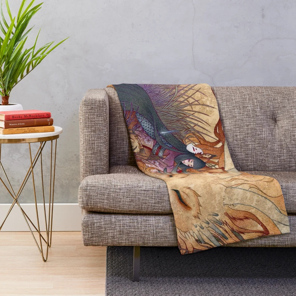 Slumbering kitsune and dragon illustration on a cozy plush blanket
