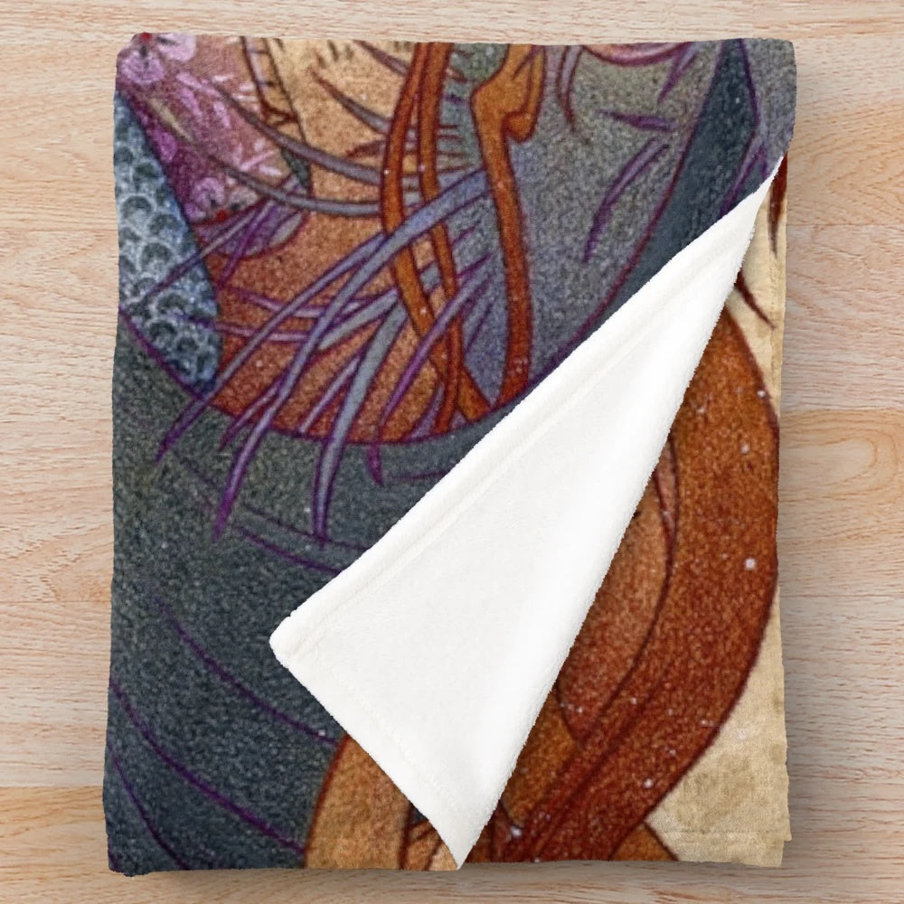 Slumbering kitsune and dragon illustration on a cozy plush blanket