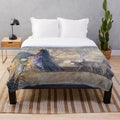 Ethereal kitsune plush blanket with tea fox illustrations and bamboo forest motifs