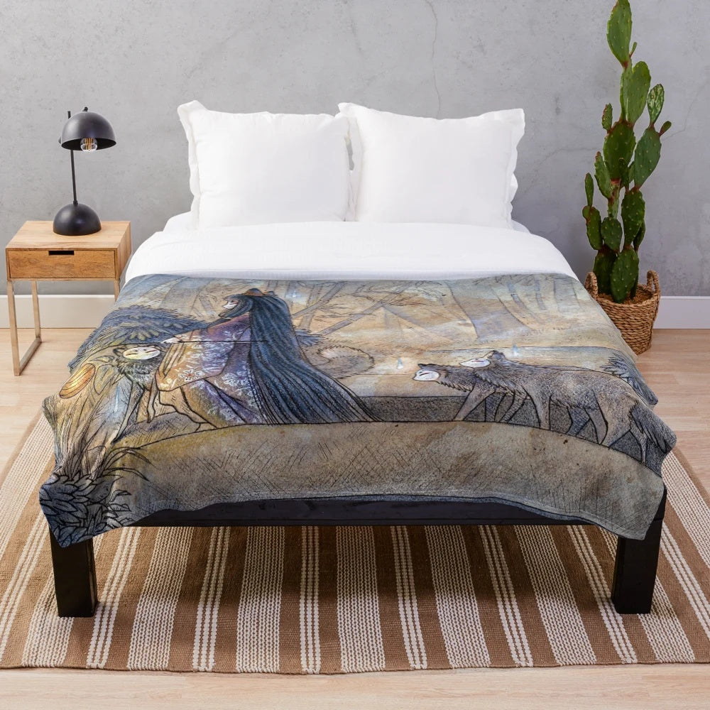 Ethereal kitsune plush blanket with tea fox illustrations and bamboo forest motifs