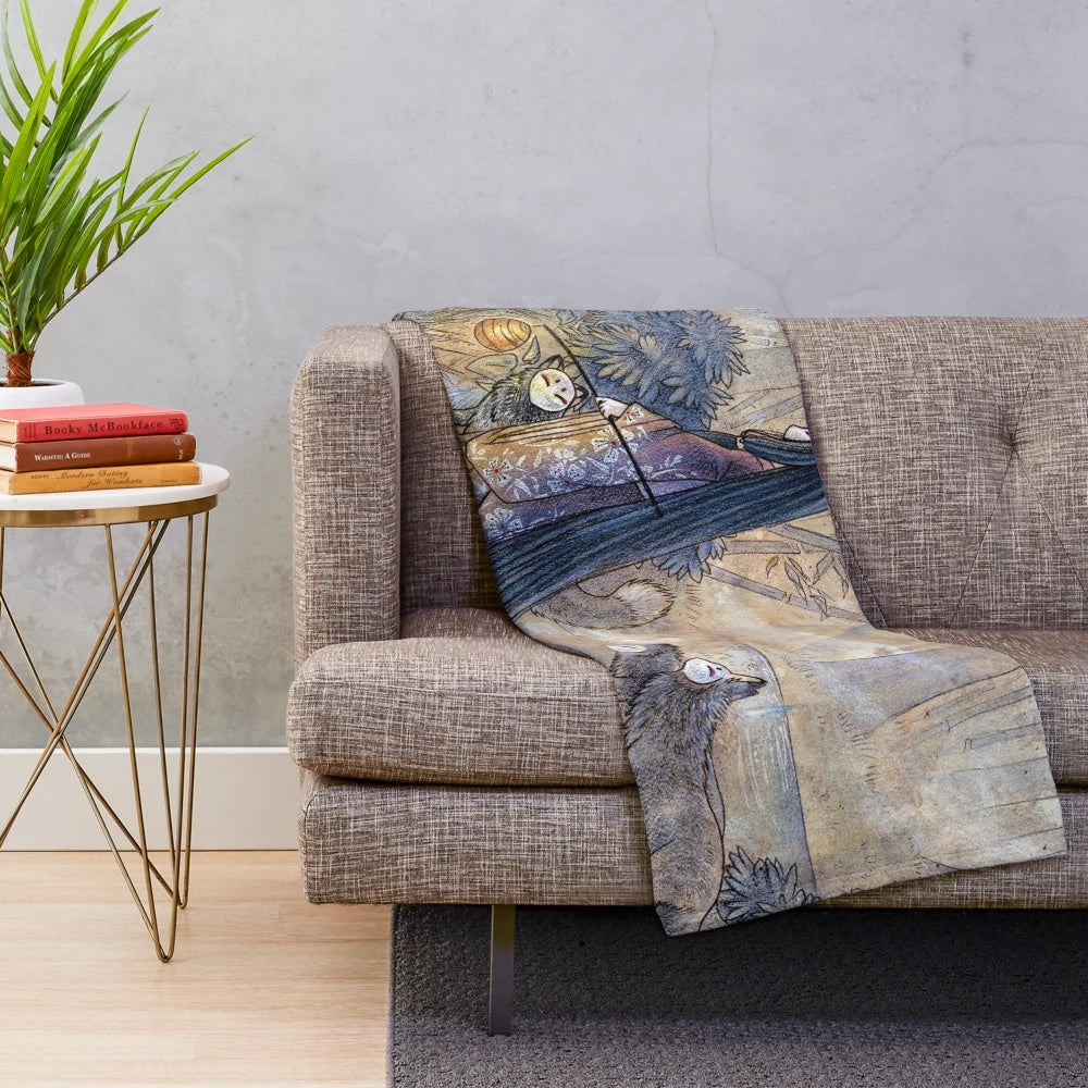 Ethereal kitsune plush blanket with tea fox illustrations and bamboo forest motifs