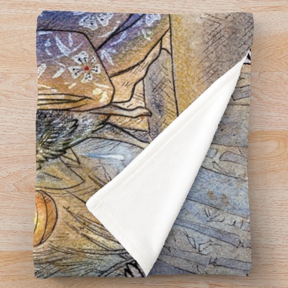 Ethereal kitsune plush blanket with tea fox illustrations and bamboo forest motifs