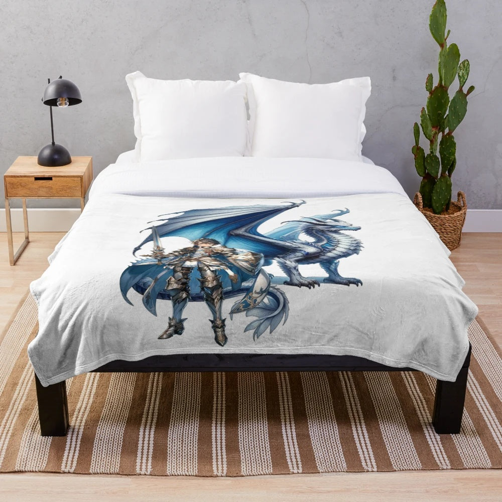 Cozy plush blanket featuring fantasy knights and mythical creatures