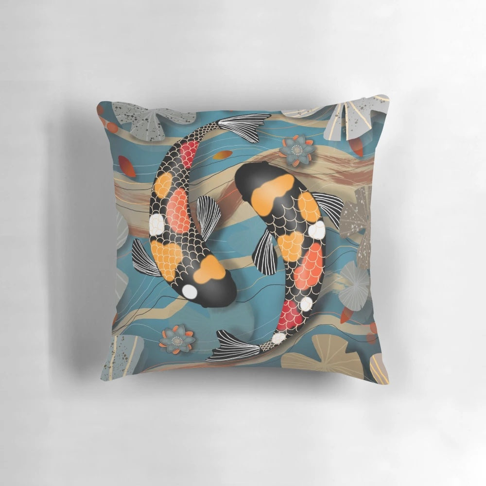 Vibrant koi fish in a tranquil water garden design on a plush throw pillow