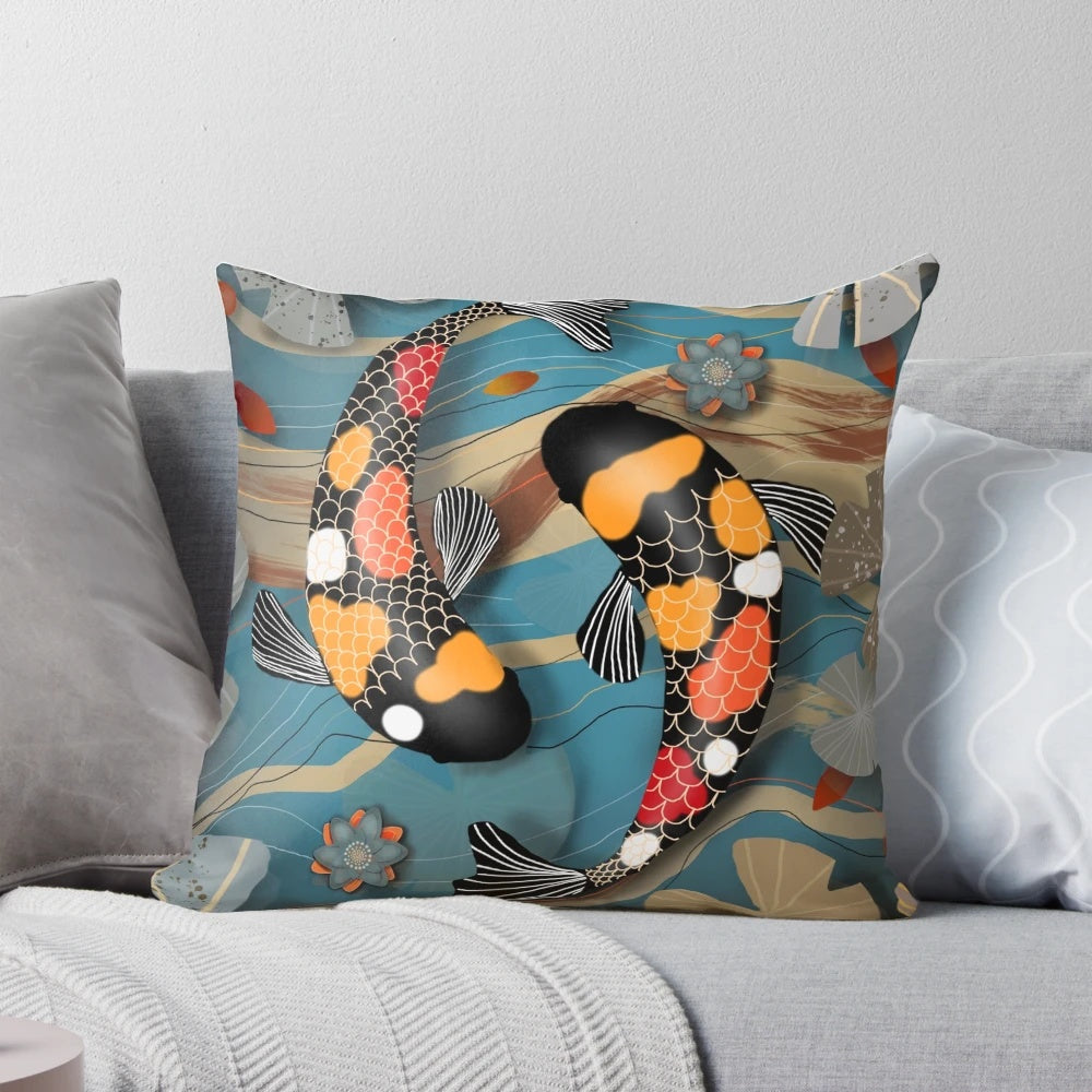 Vibrant koi fish in a tranquil water garden design on a plush throw pillow
