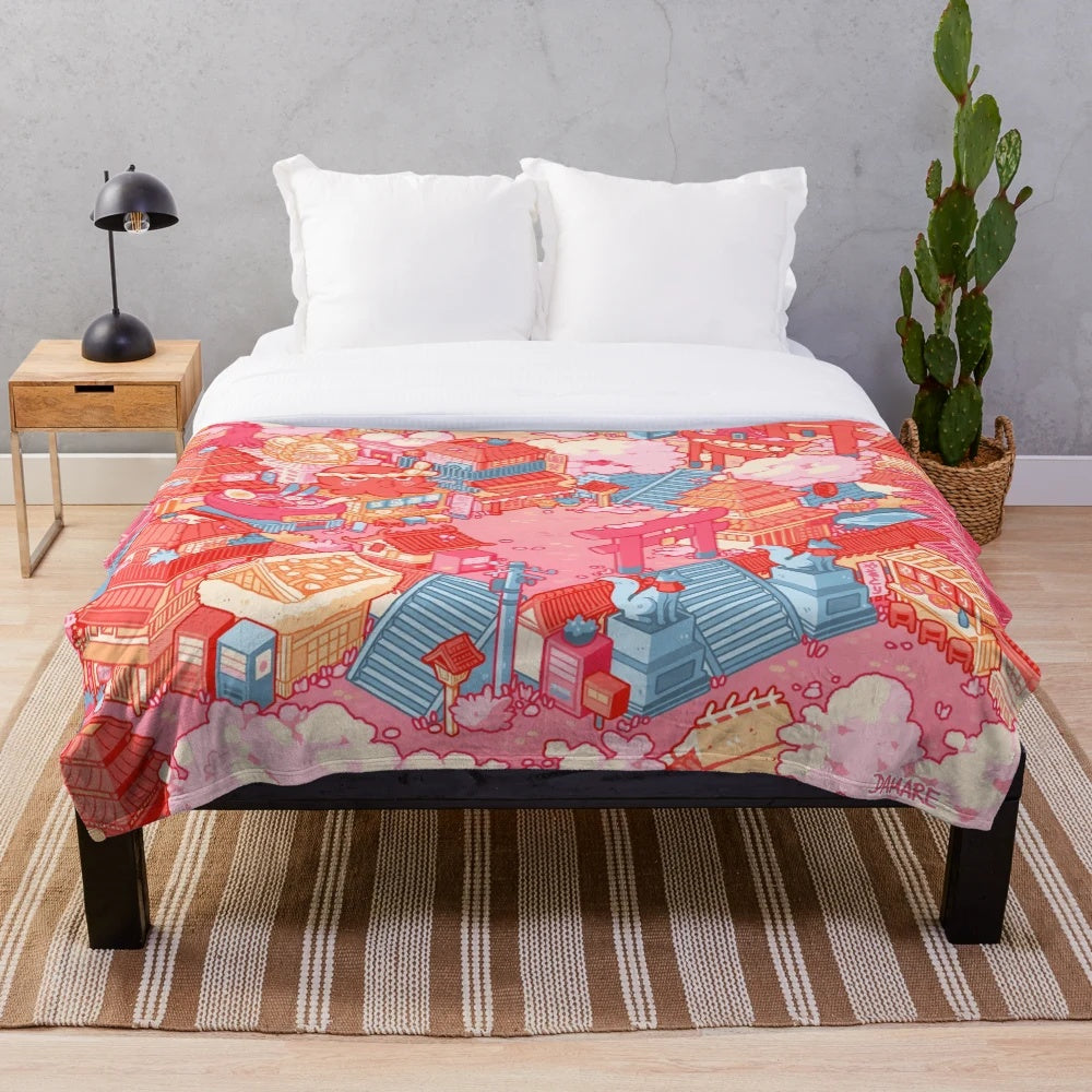 Plush blanket featuring a serene Kyoto scene with sakura cherry blossoms