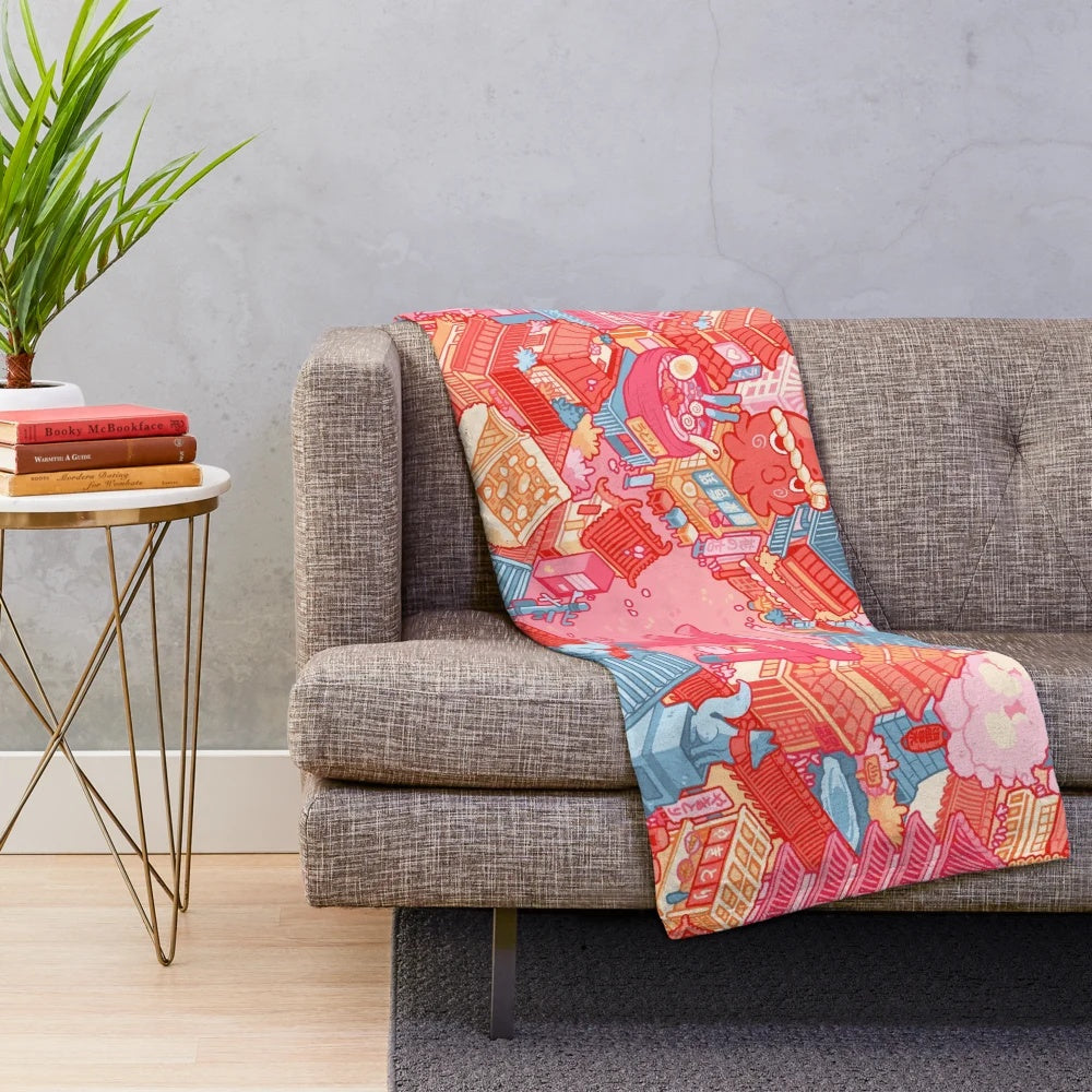 Plush blanket featuring a serene Kyoto scene with sakura cherry blossoms