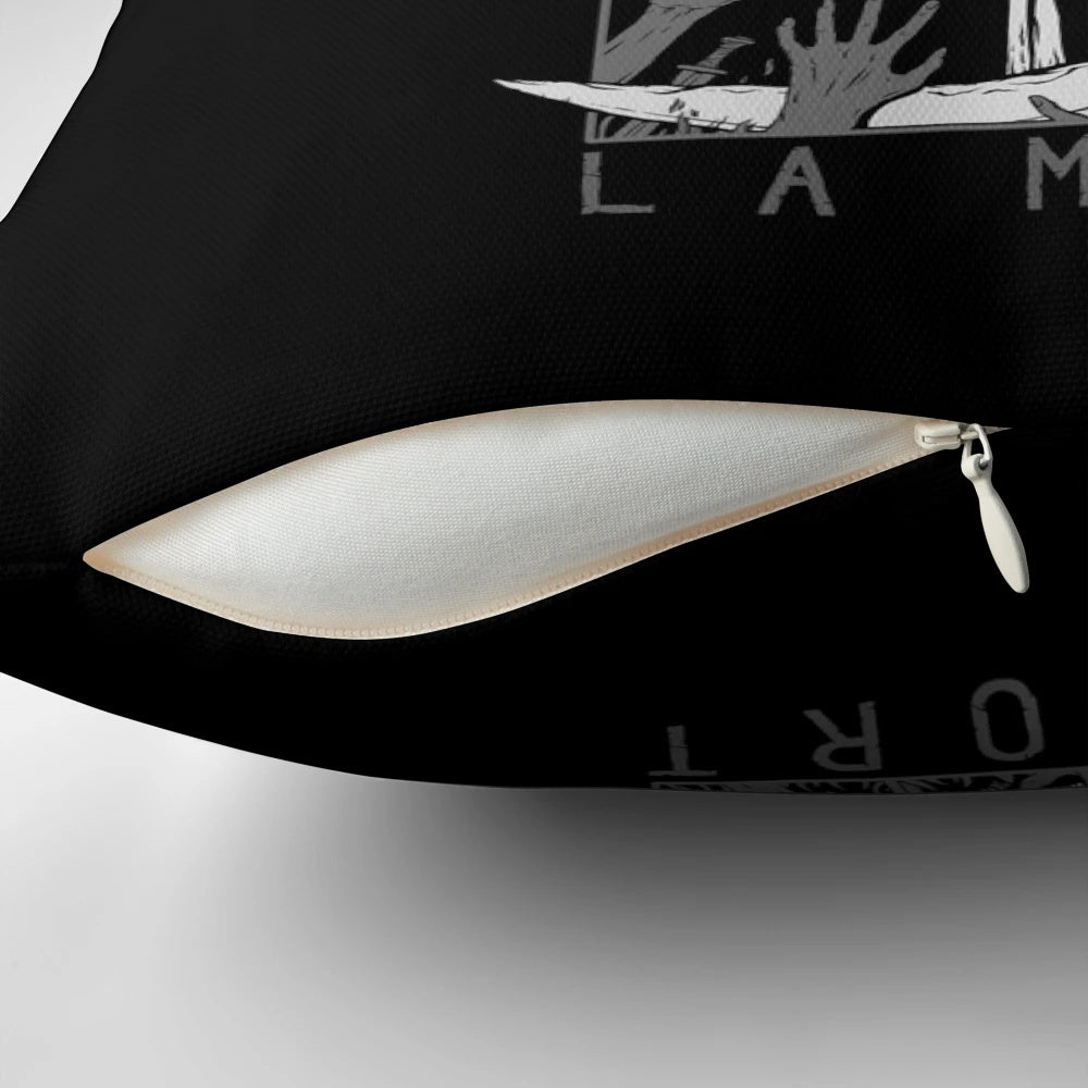 A black and white pillow featuring a macabre skull and tarot card imagery for a gothic, occult-inspired home.