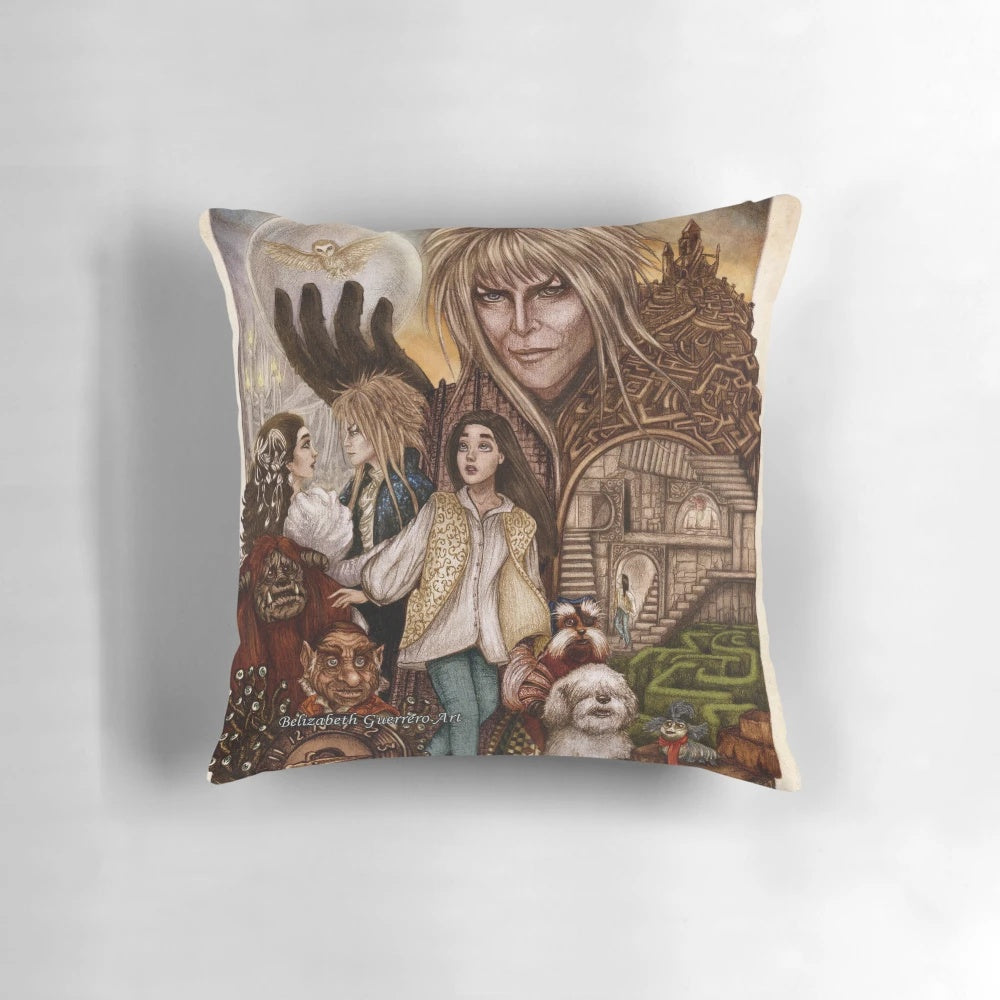 A decorative pillow featuring a labyrinth design, perfect for fans of fantasy and adventure stories.