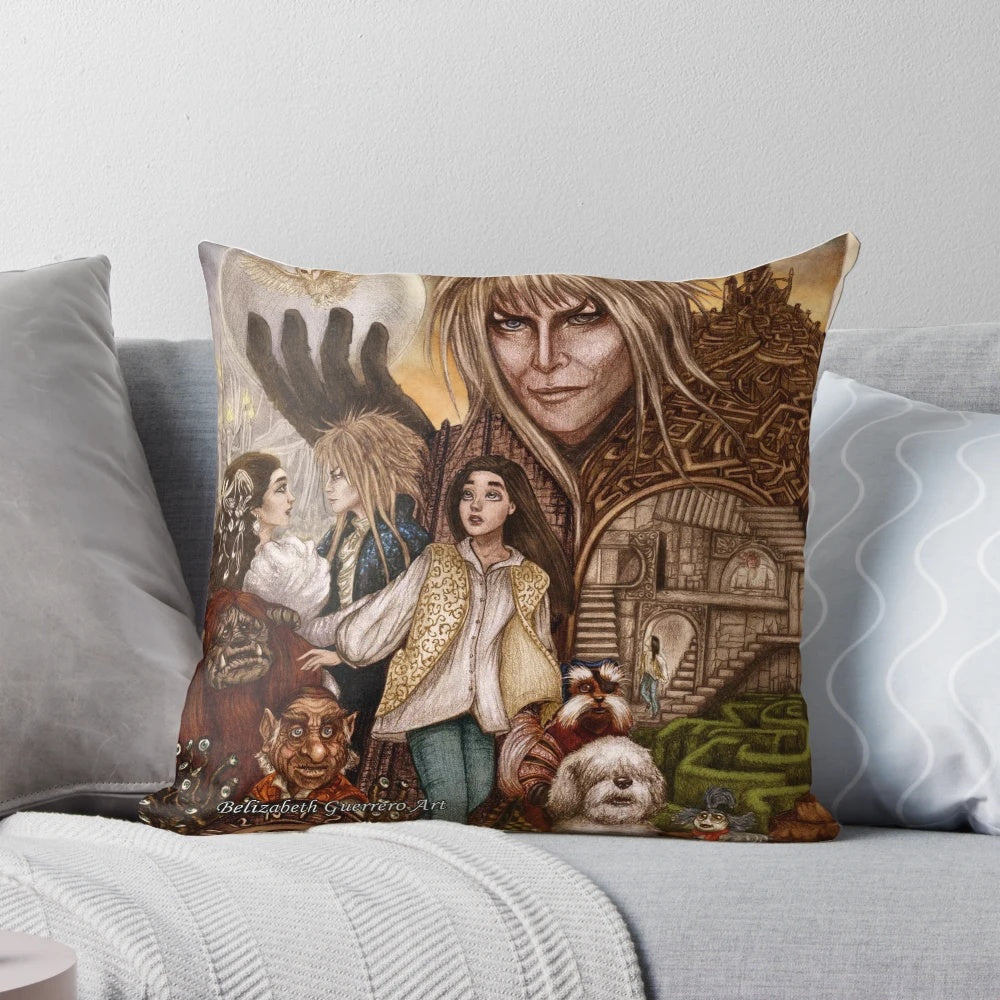 A decorative pillow featuring a labyrinth design, perfect for fans of fantasy and adventure stories.