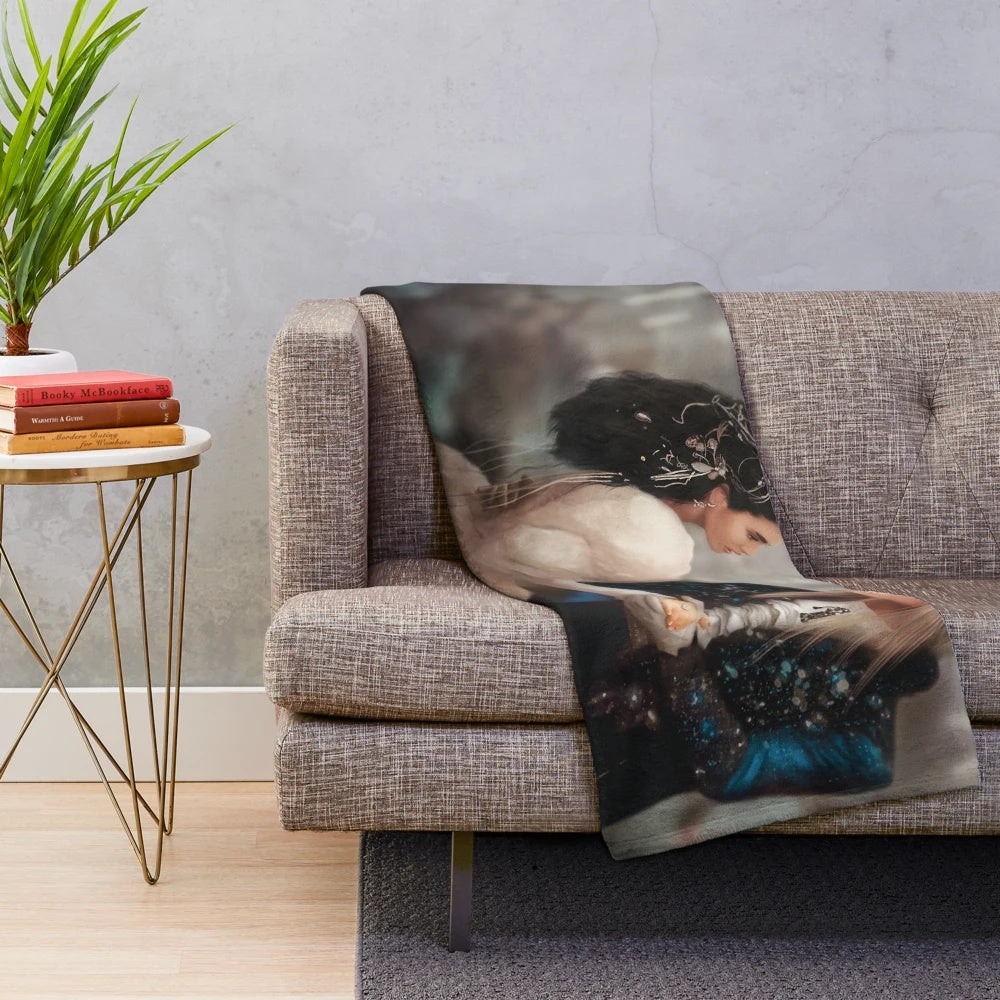 A digital drawing of a romantic scene from the movie Labyrinth, featuring the Goblin King Jareth and the main character Jennifer Connelly, printed on a cozy plush blanket.