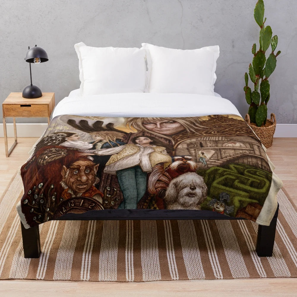 Labyrinth-inspired plush blanket featuring characters from the fantasy adventure