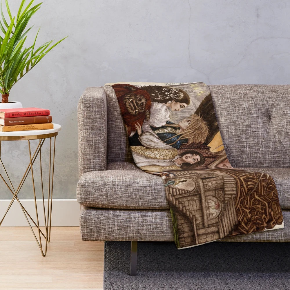 Labyrinth-inspired plush blanket featuring characters from the fantasy adventure
