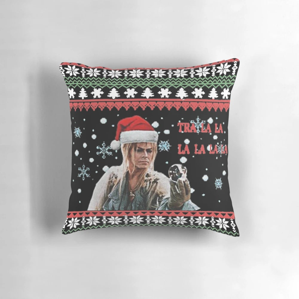 Labyrinth-themed ugly Christmas pillow with Jareth the Goblin King design
