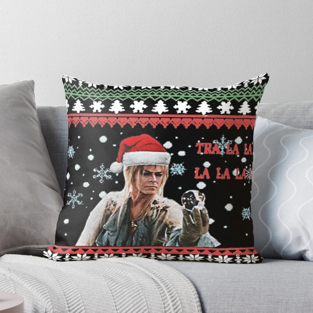 Labyrinth-themed ugly Christmas pillow with Jareth the Goblin King design