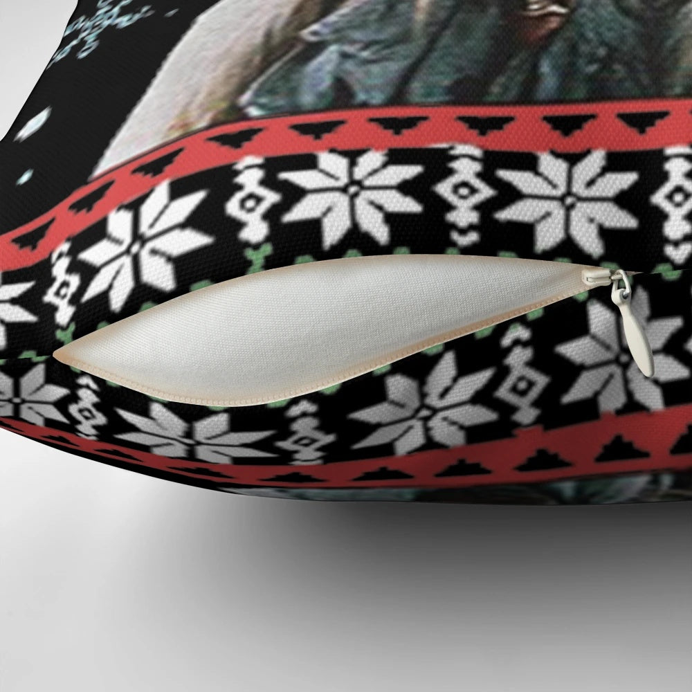 Labyrinth-themed ugly Christmas pillow with Jareth the Goblin King design