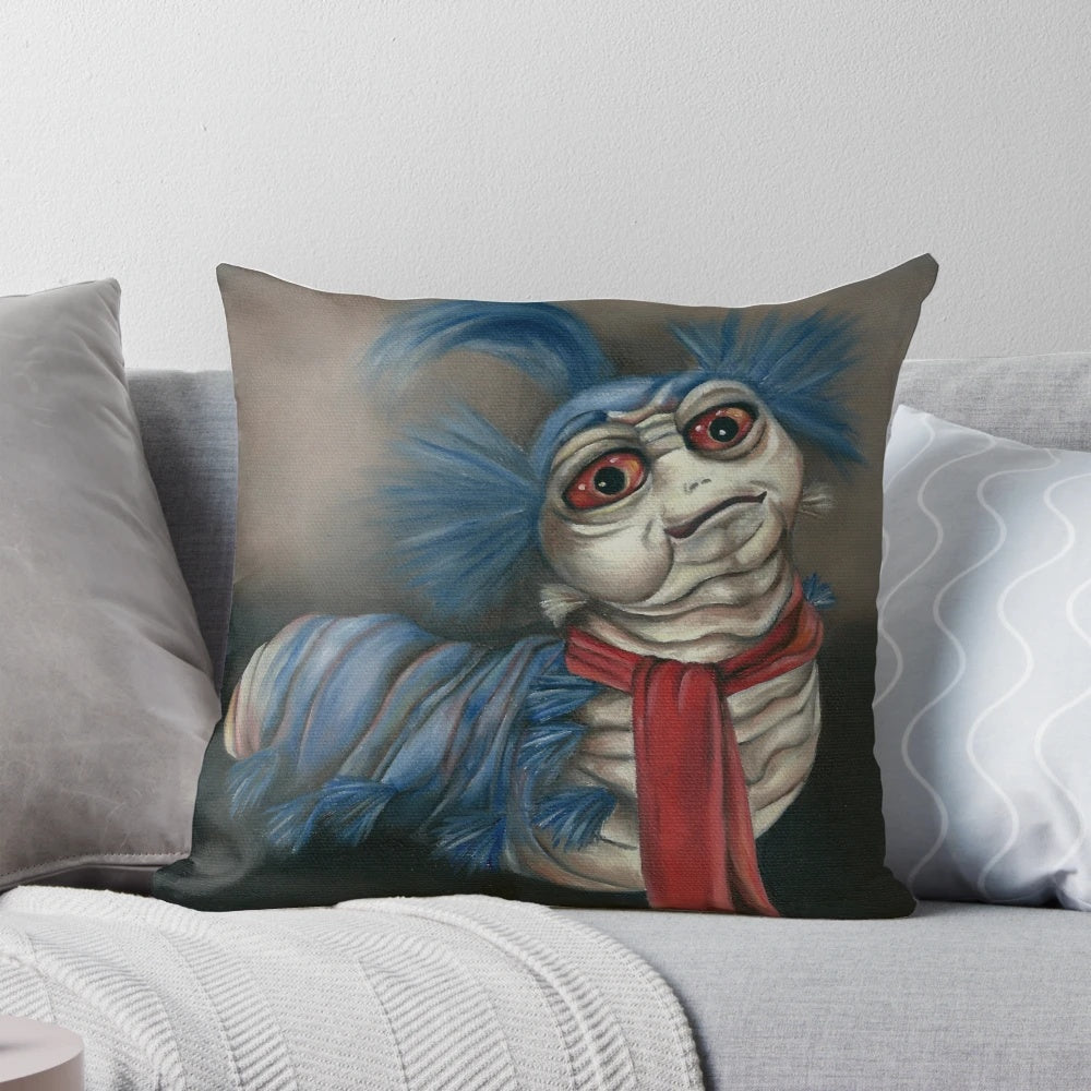 Detailed oil painting of a worm from the Labyrinth movie, featured on a plush throw pillow for home decor.