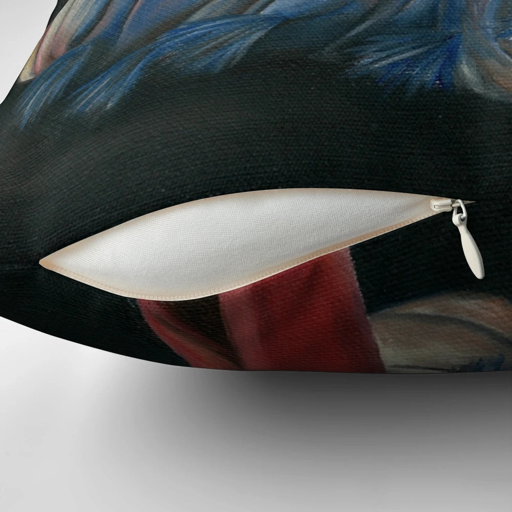 Detailed oil painting of a worm from the Labyrinth movie, featured on a plush throw pillow for home decor.