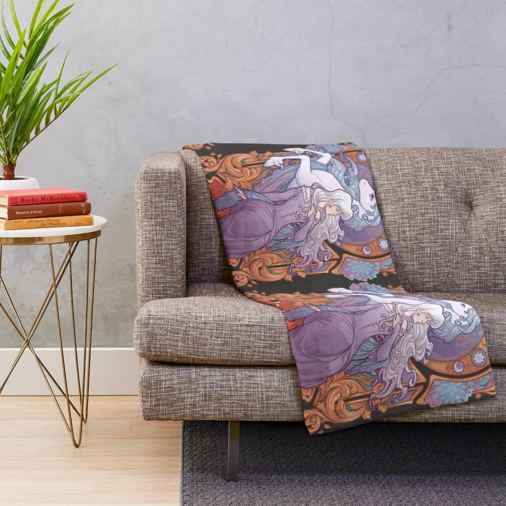 Cozy Lady Amalthea unicorn plush blanket featuring characters and artwork from the classic 80s fantasy film The Last Unicorn