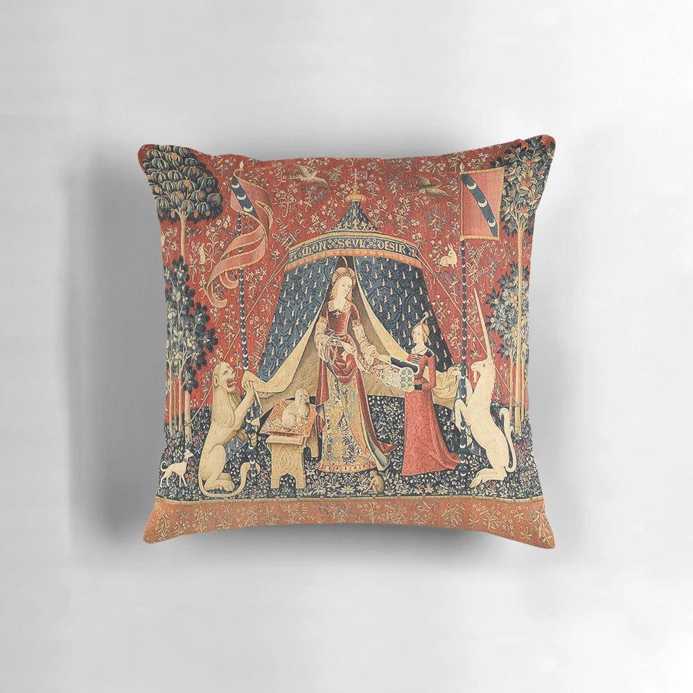 A decorative throw pillow featuring a medieval-style illustration of a lady and a unicorn, inspired by the famous "Lady and the Unicorn" tapestry series.
