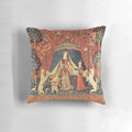 A decorative throw pillow featuring a medieval-style illustration of a lady and a unicorn, inspired by the famous "Lady and the Unicorn" tapestry series.