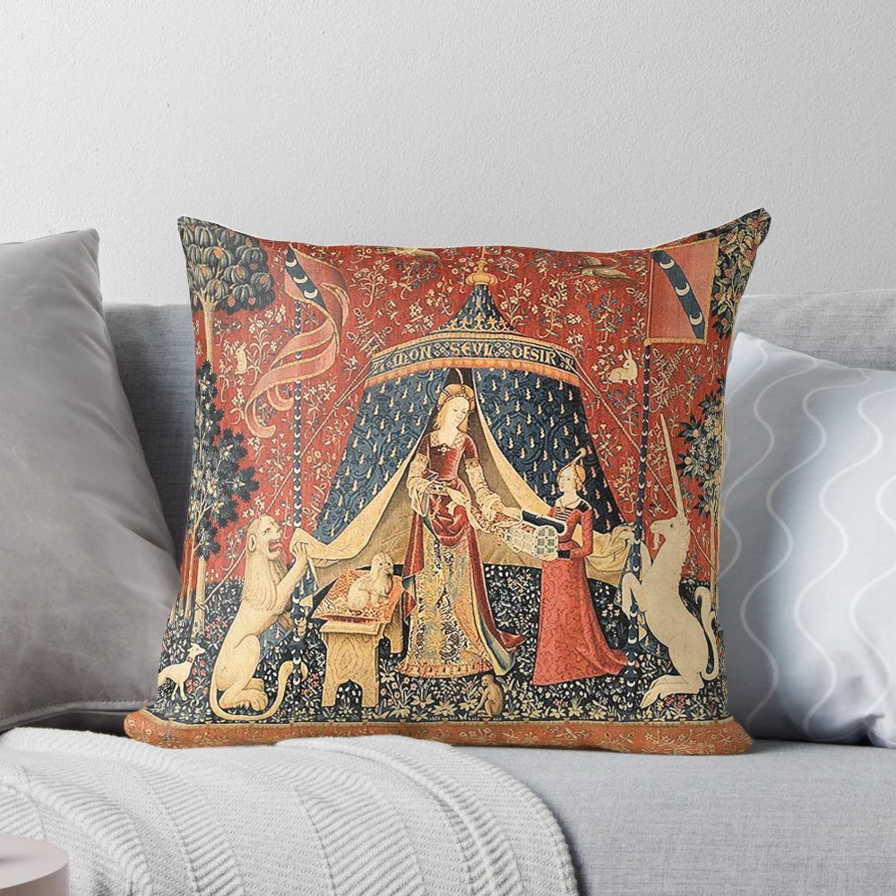 A decorative throw pillow featuring a medieval-style illustration of a lady and a unicorn, inspired by the famous "Lady and the Unicorn" tapestry series.