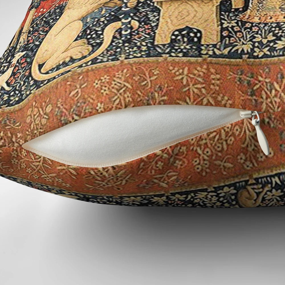A decorative throw pillow featuring a medieval-style illustration of a lady and a unicorn, inspired by the famous "Lady and the Unicorn" tapestry series.