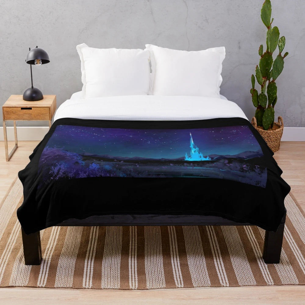 Lakeland-inspired plush blanket with a starry night sky and fantasy landscape design