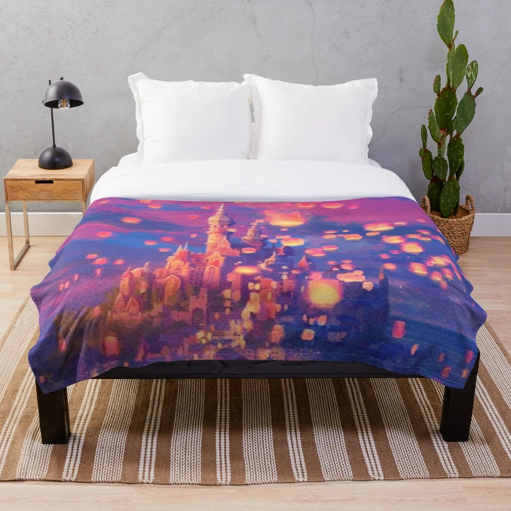 Plush blanket featuring enchanting floating lanterns inspired by Disney's Tangled