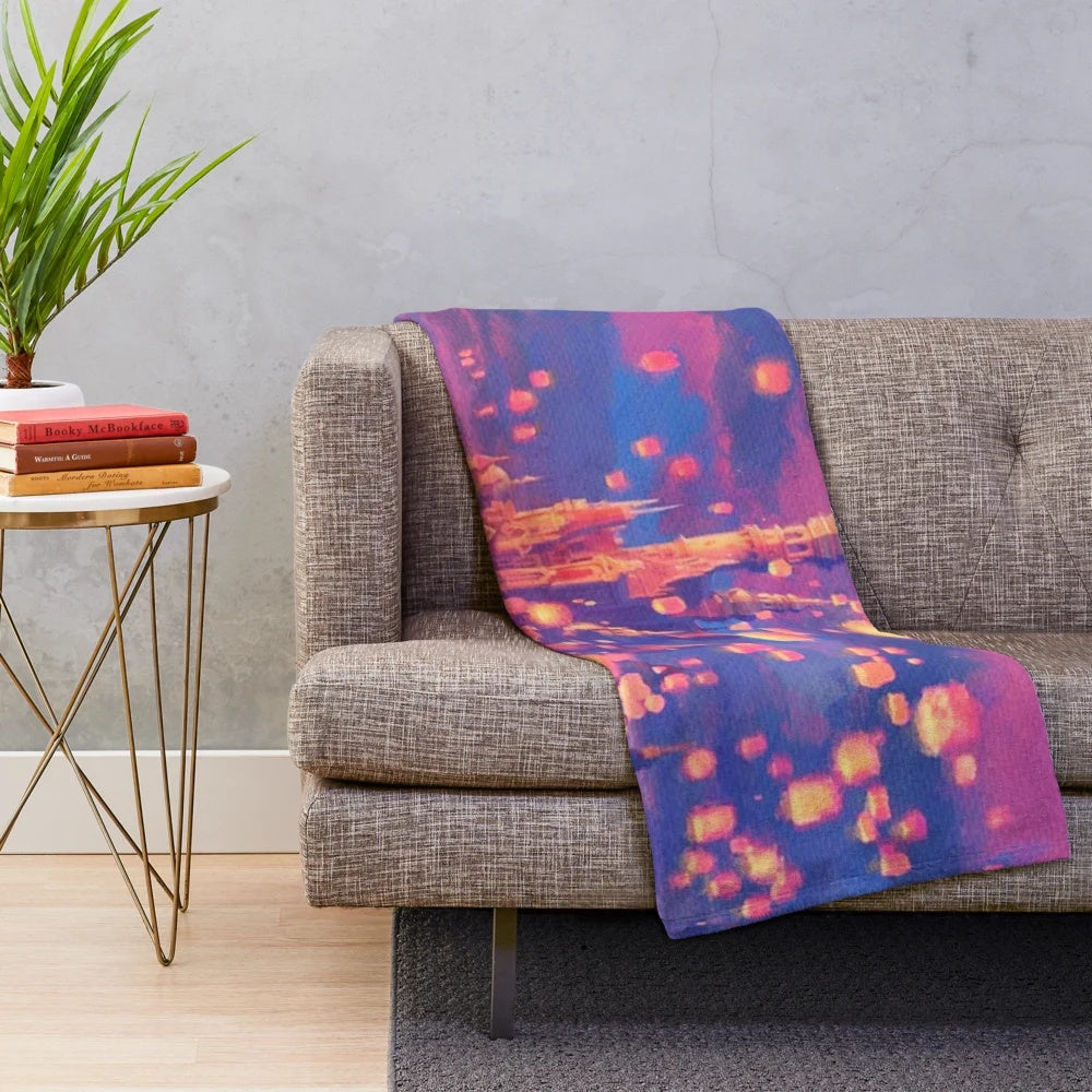 Plush blanket featuring enchanting floating lanterns inspired by Disney's Tangled