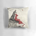 Whimsical fantasy pillow featuring a red-cloaked figure and forest animals in an enchanted autumn setting